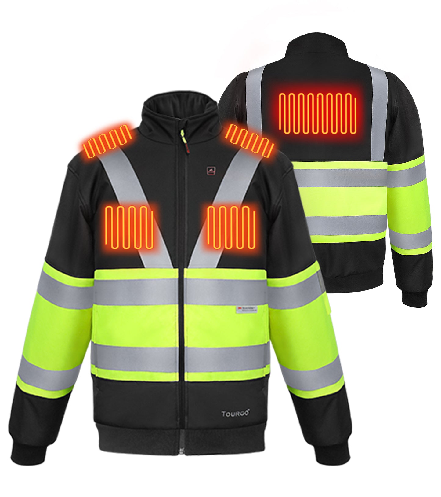 Mens Heated Safety Jacket with 12V 16000mAh Battery Pack,5 Heating Zones,Hi-Vis Waterproof Heated Safety Bomber Jacket