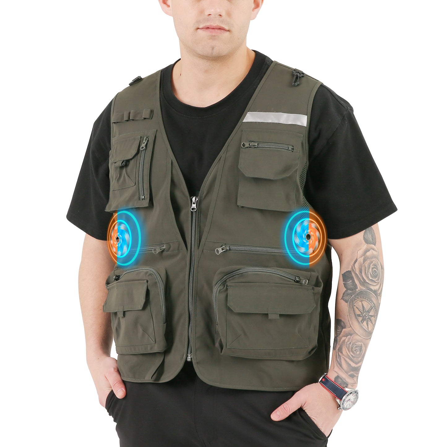 Multi-functional Outdoor Vest with Heating and Cooling Technology, Fishing Vest, , Olive Green