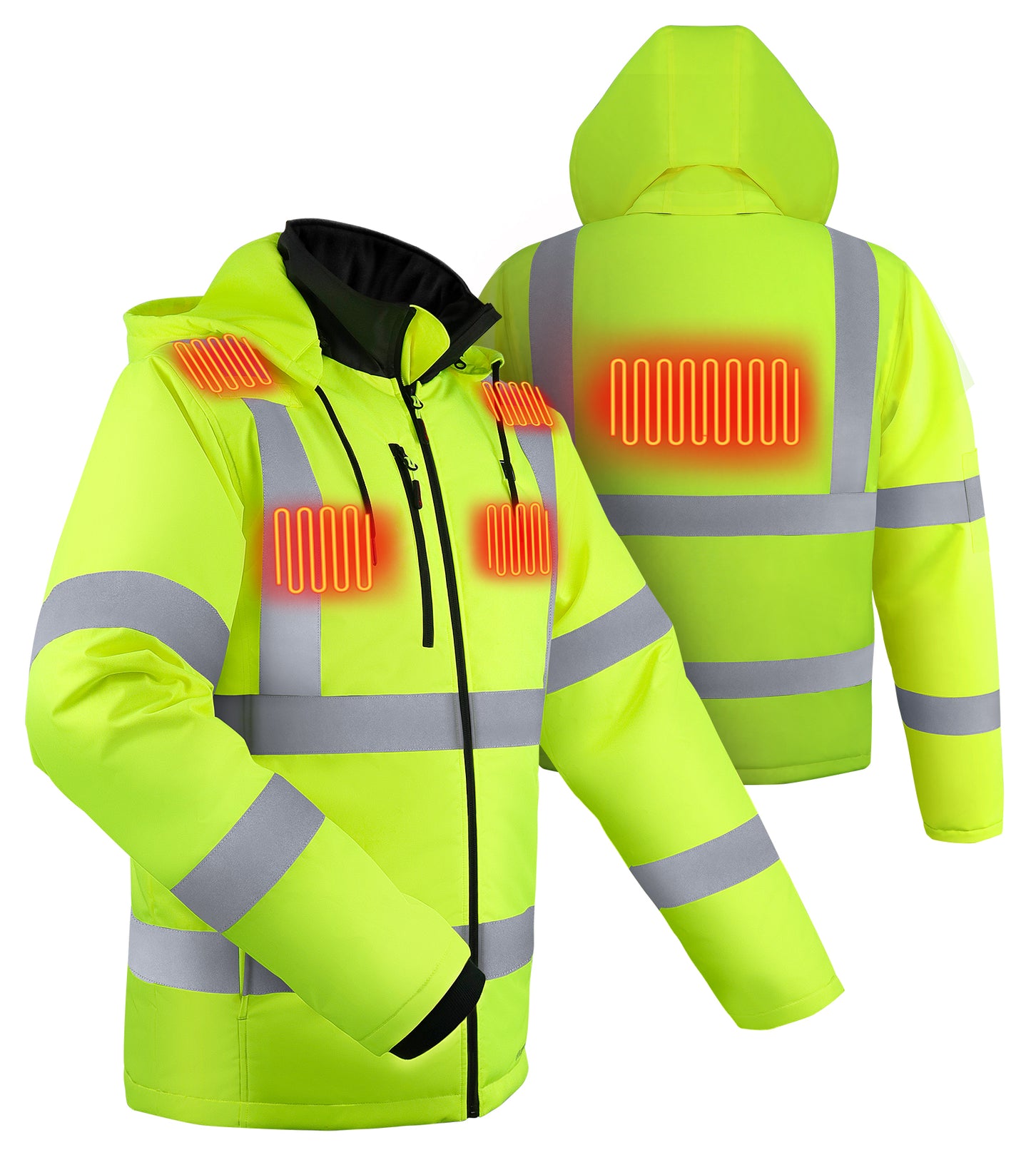 Mens Heated Safety Jacket with 12V 16000mAh Battery Pack, ANSI Class 3-Detachable Hood,Hi Vis Heated Coat