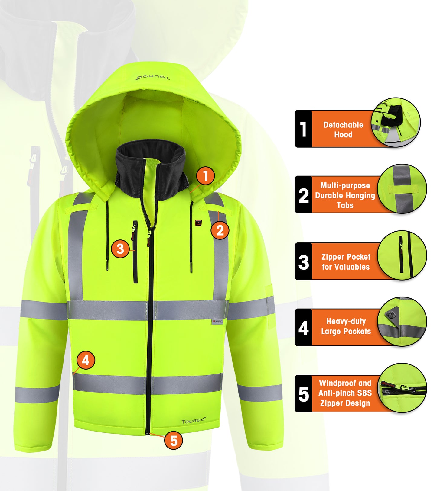 Mens Heated Safety Jacket with 12V 16000mAh Battery Pack, ANSI Class 3-Detachable Hood,Hi Vis Heated Coat