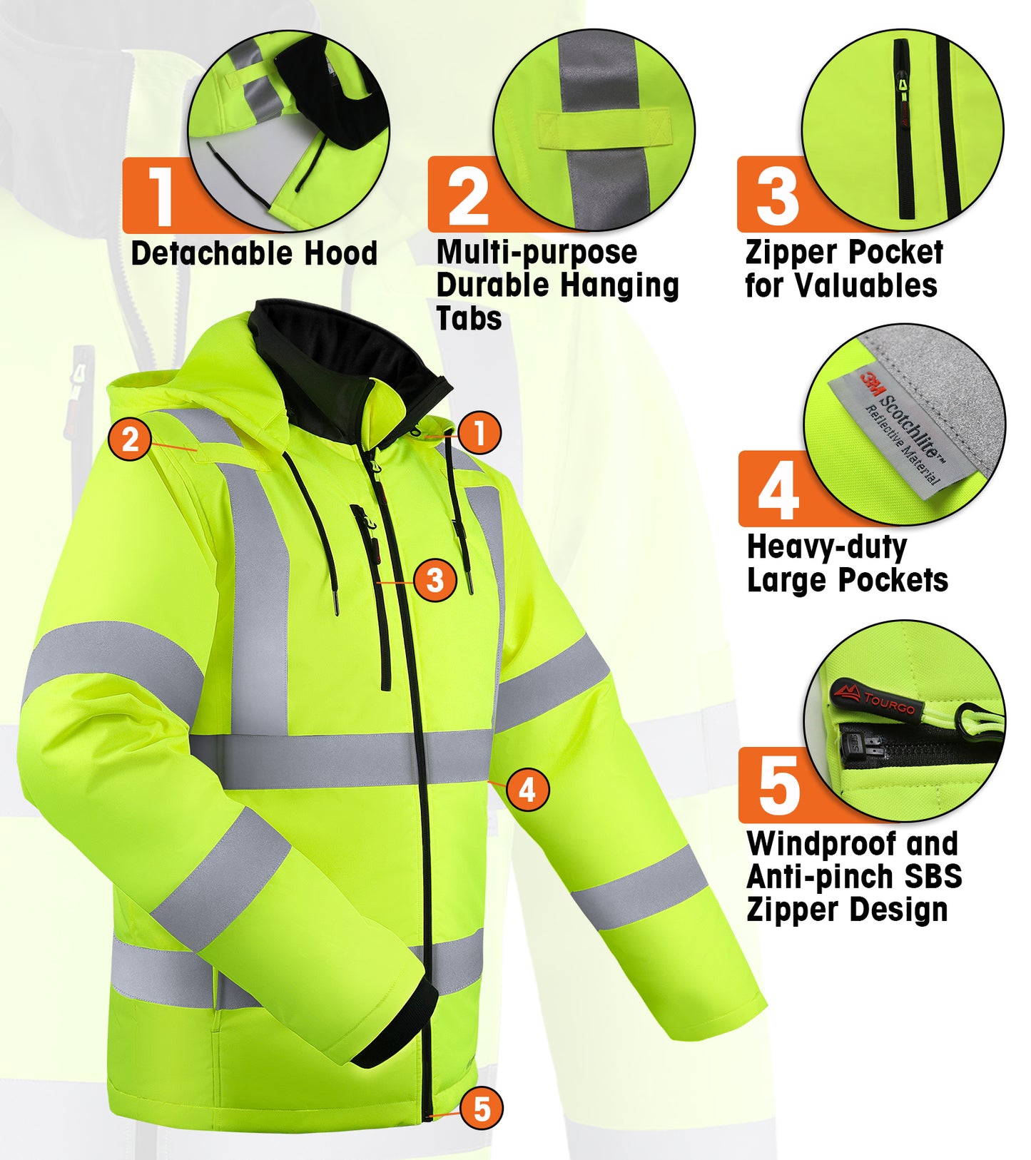 Mens Heated Safety Jacket with 12V 16000mAh Battery Pack, ANSI Class 3-Detachable Hood,Hi Vis Heated Coat