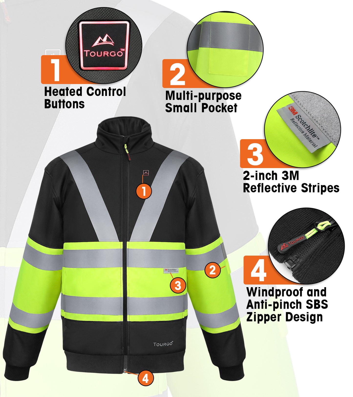 Mens Heated Safety Jacket with 12V 16000mAh Battery Pack,5 Heating Zones,Hi-Vis Waterproof Heated Safety Bomber Jacket