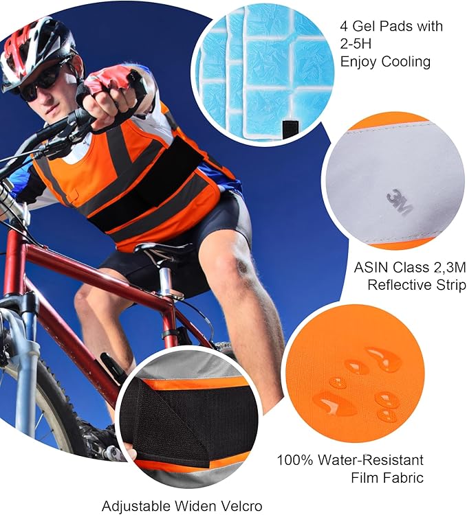 Cooling Vest for Men with 4 Gel Packs, 1-3 Hours Cold, Class 2 Safety Cool Vest with Premium 3M Strips, Ideal Ice Vest for Hot Weather, Construction Work, Motorcycle, Mascot, Cooking and Summer