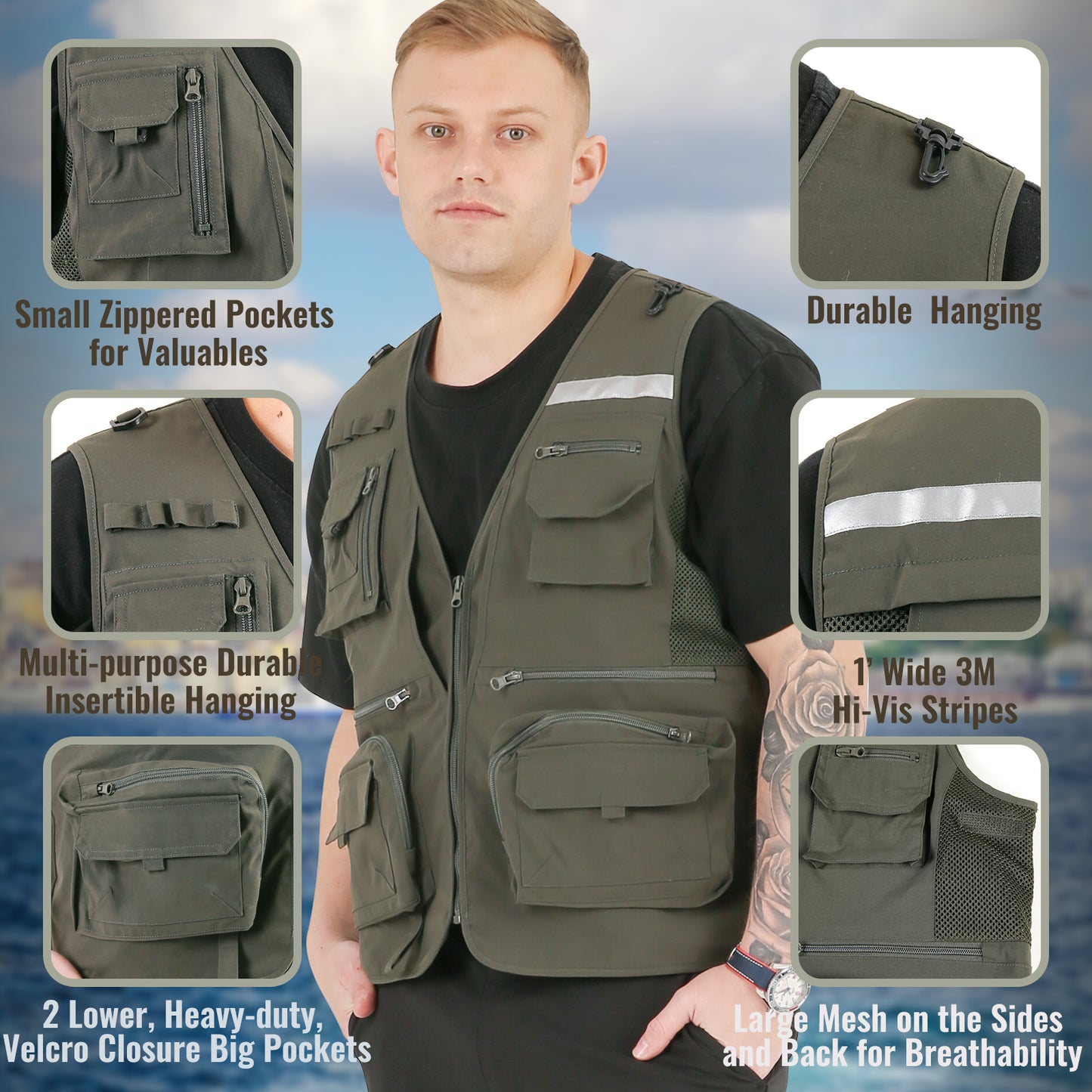 Multi-functional Outdoor Vest with Heating and Cooling Technology, Fishing Vest, , Olive Green