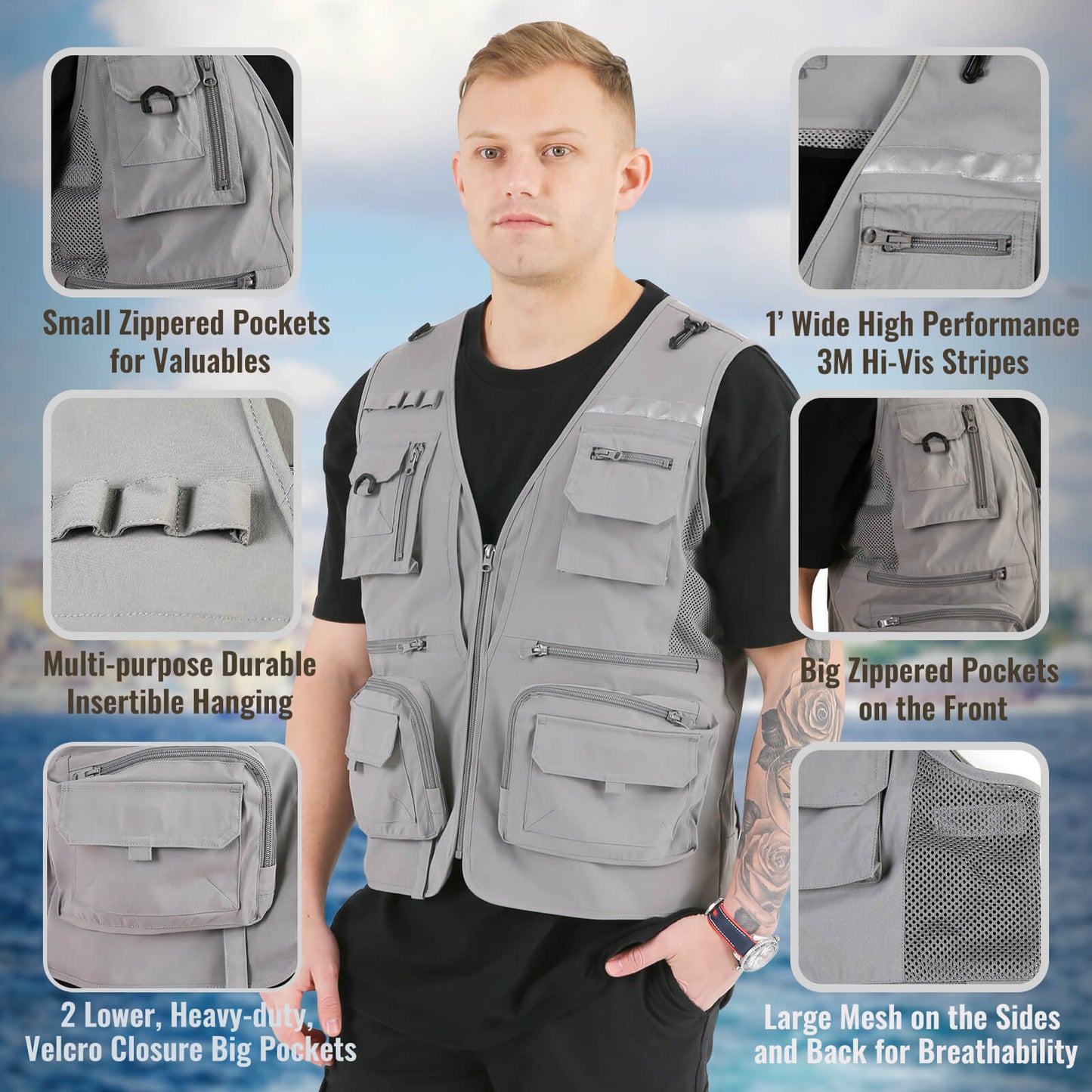 Multi-functional Outdoor Vest with Heating and Cooling Technology, Fishing Vest, Gray