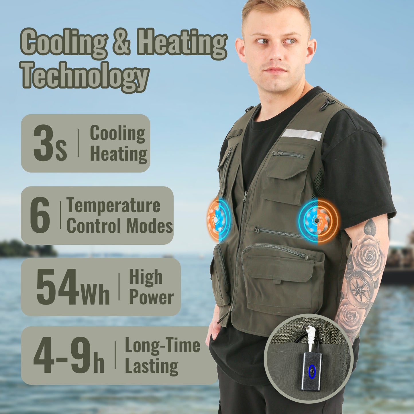 Multi-functional Outdoor Vest with Heating and Cooling Technology, Fishing Vest, , Olive Green