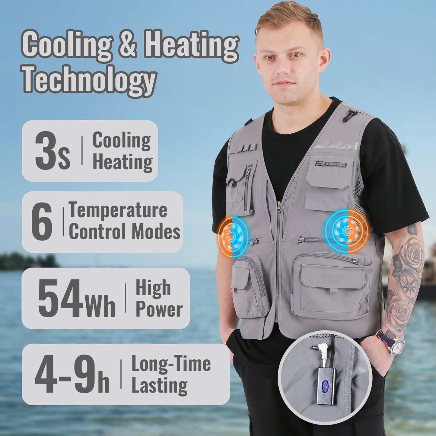 Multi-functional Outdoor Vest with Heating and Cooling Technology, Fishing Vest, Gray