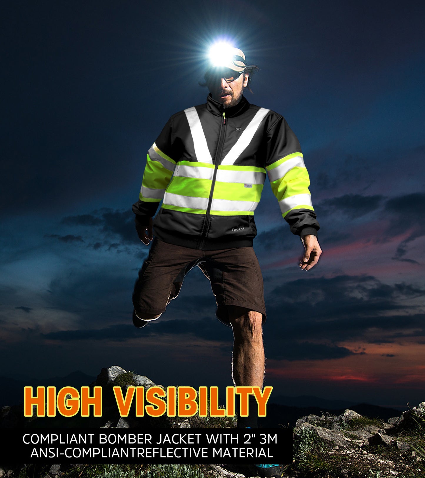 Mens Heated Safety Jacket with 12V 16000mAh Battery Pack,5 Heating Zones,Hi-Vis Waterproof Heated Safety Bomber Jacket