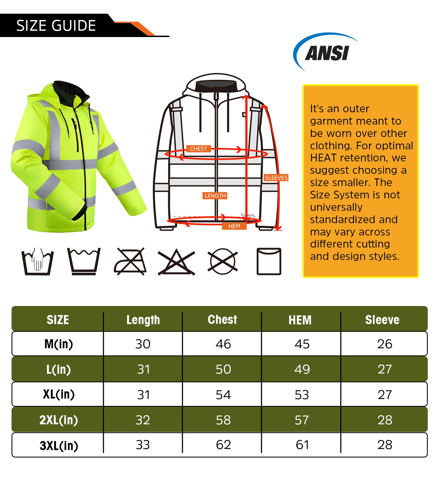 Mens Heated Safety Jacket with 12V 16000mAh Battery Pack, ANSI Class 3-Detachable Hood,Hi Vis Heated Coat