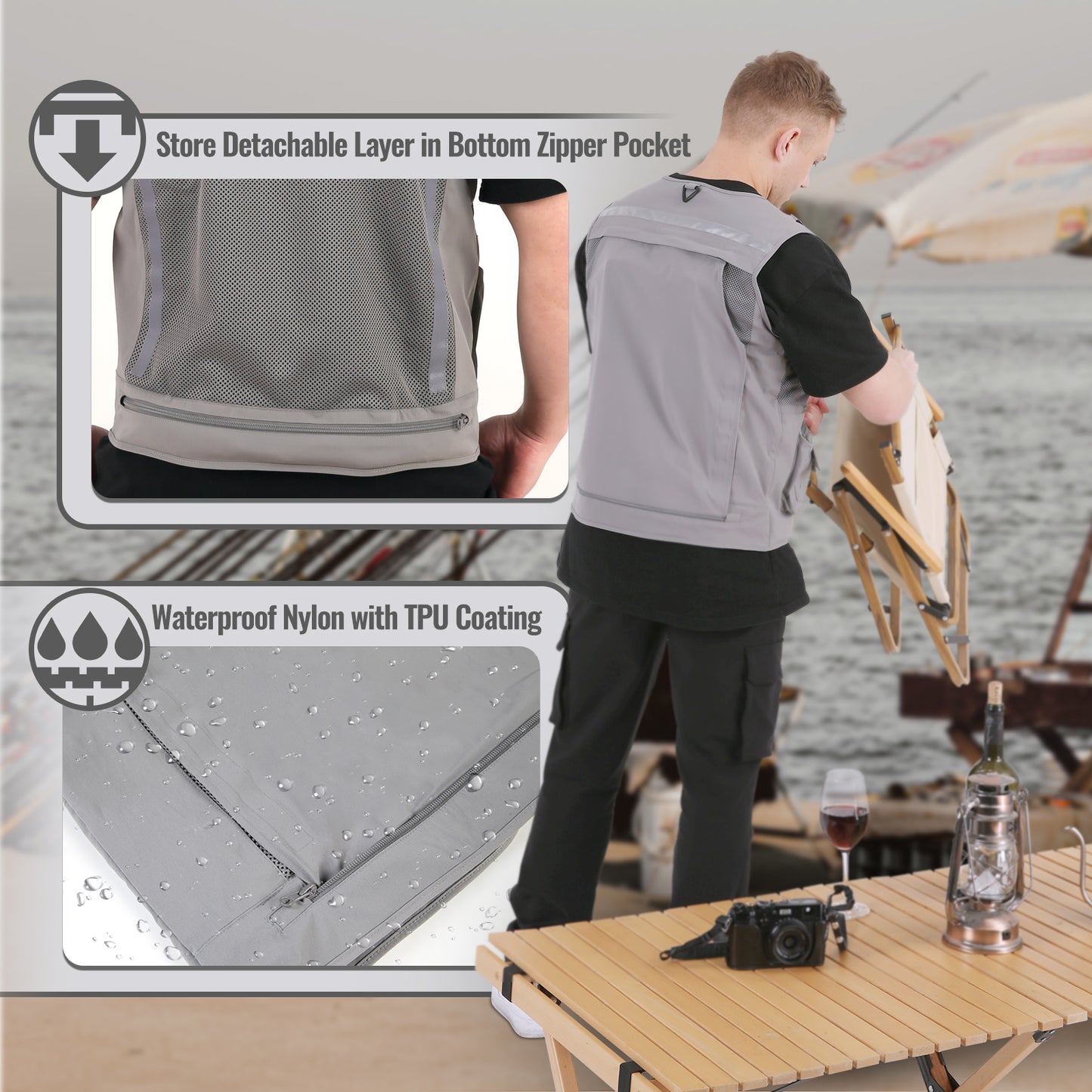 Multi-functional Outdoor Vest with Heating and Cooling Technology, Fishing Vest, Gray