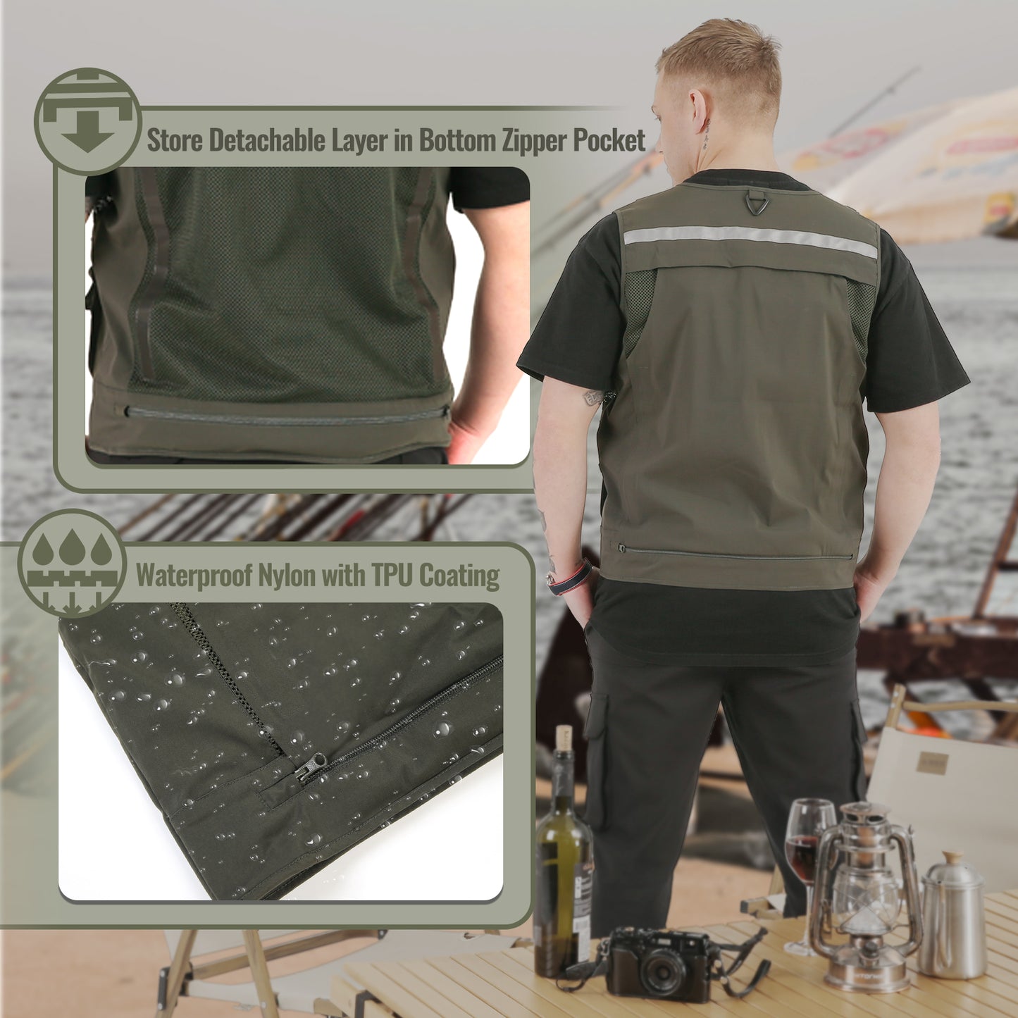 Multi-functional Outdoor Vest with Heating and Cooling Technology, Fishing Vest, , Olive Green